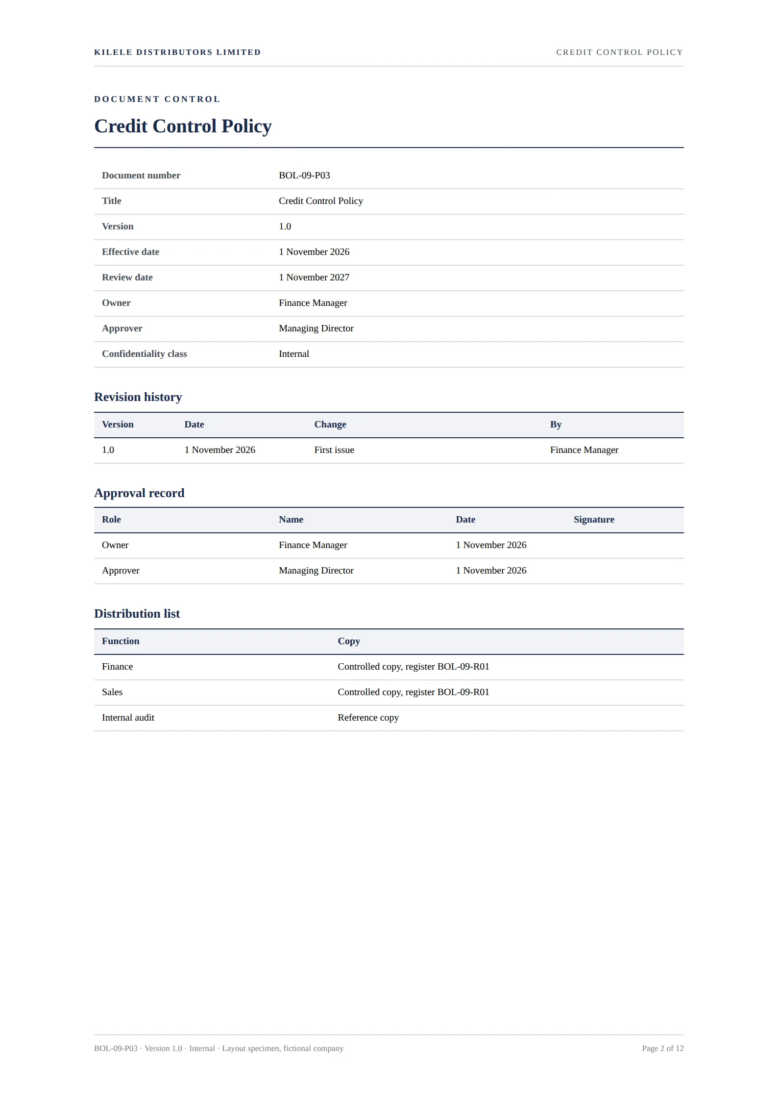 Document control sheet, A4