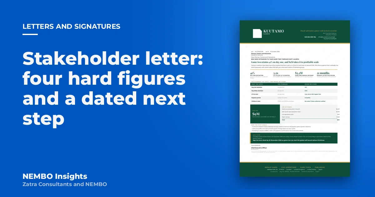 Stakeholder letter: four hard figures and a dated next step: cover