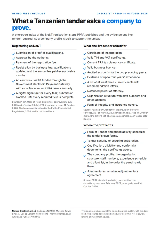 The tender evidence index, the one-page checklist shown whole