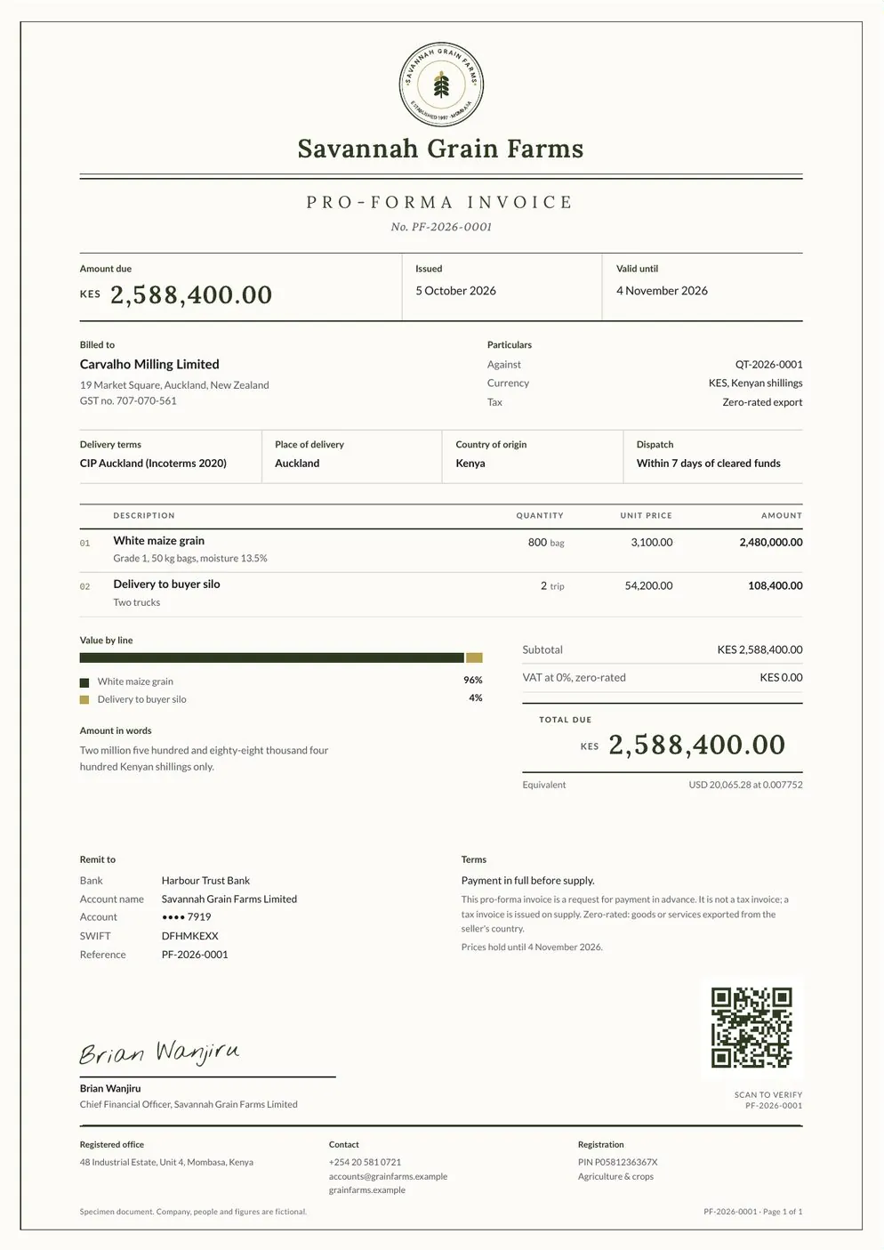 Pro-forma invoice, Grain farm