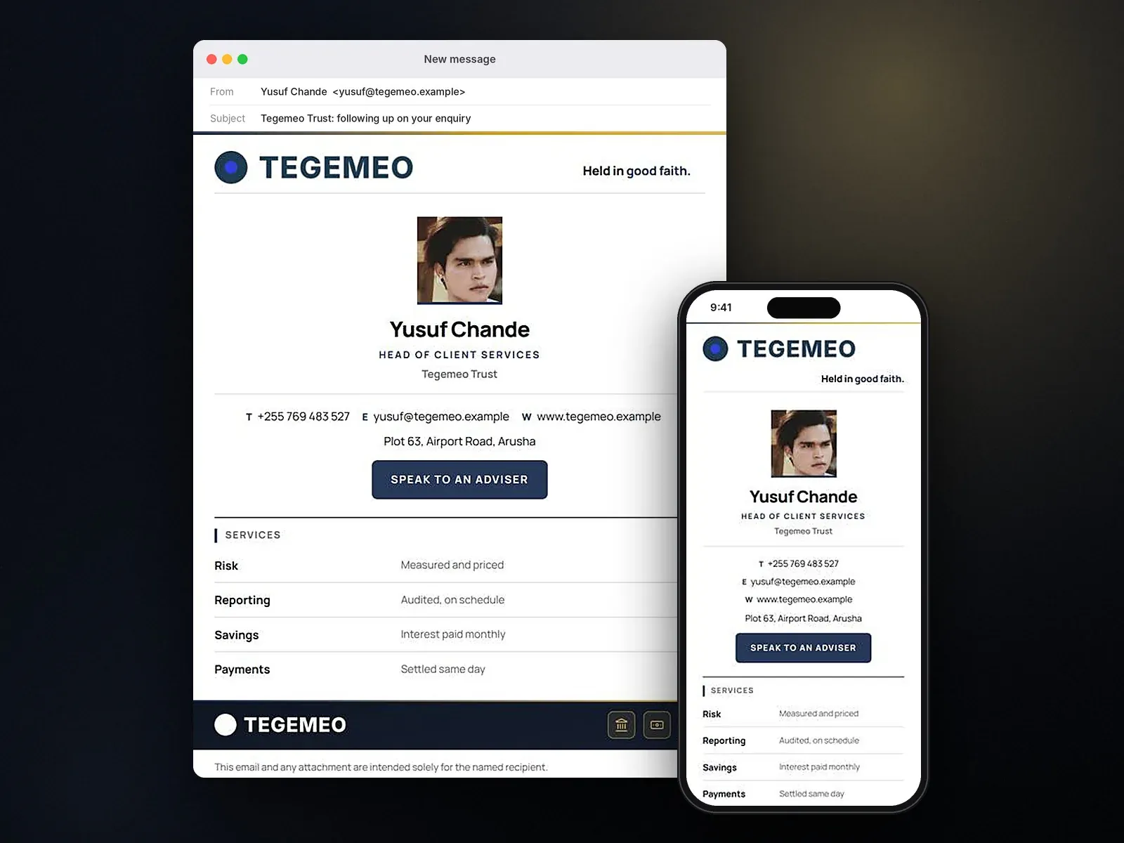 Finance, Email signature, desktop and phone