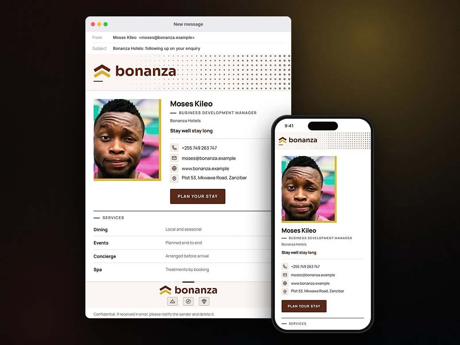 Hospitality, Email signature, desktop and phone