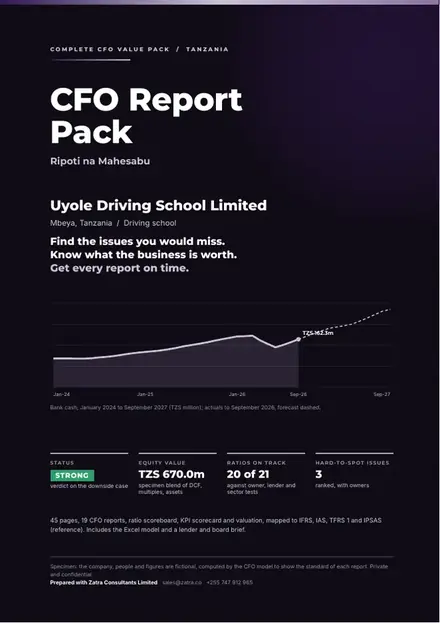Financial reports, Driving school: finished specimen shown whole
