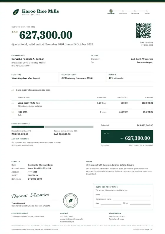 Invoices, Rice farming and milling: finished specimen shown whole
