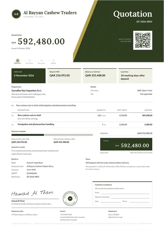 Invoices, Cashew nut trading and export: finished specimen shown whole