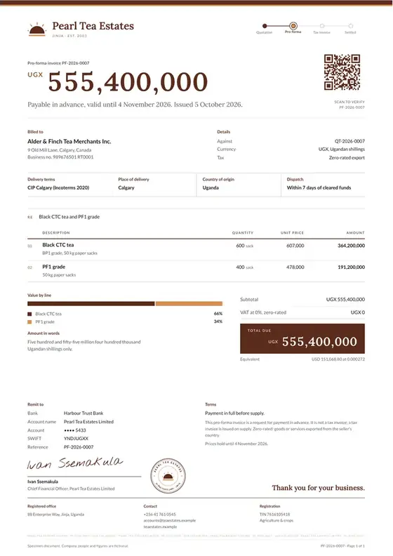 Invoices, Tea estate and processing: finished specimen shown whole