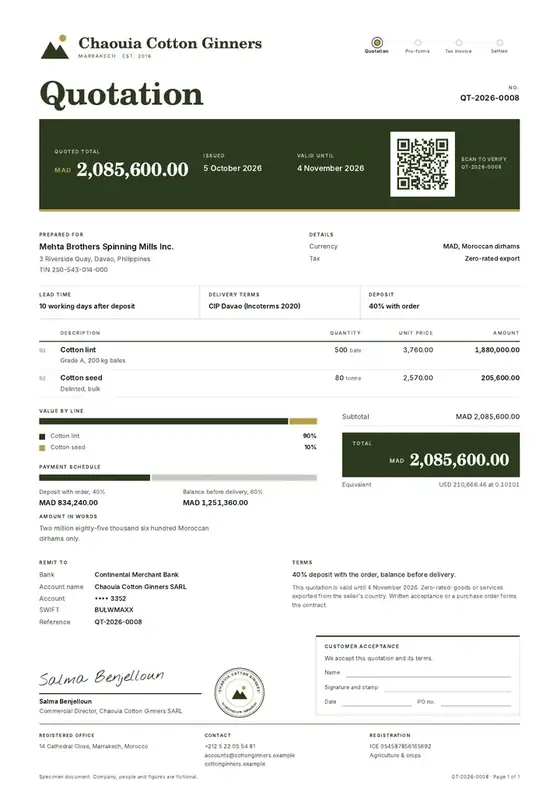 Invoices, Cotton ginning: finished specimen shown whole