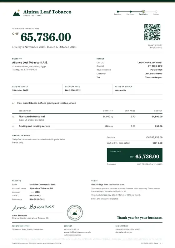 Invoices, Tobacco leaf buying: finished specimen shown whole