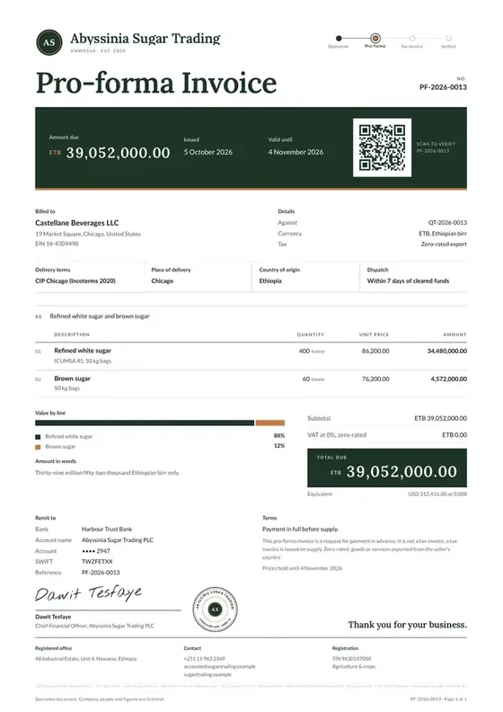 Invoices, Sugarcane outgrower and sugar trading: finished specimen shown whole