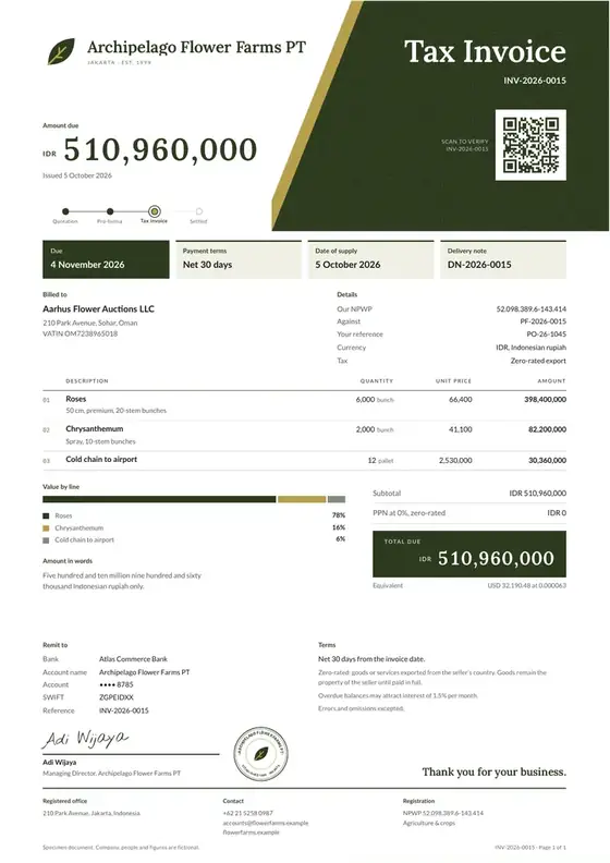 Invoices, Cut flowers and floriculture export: finished specimen shown whole