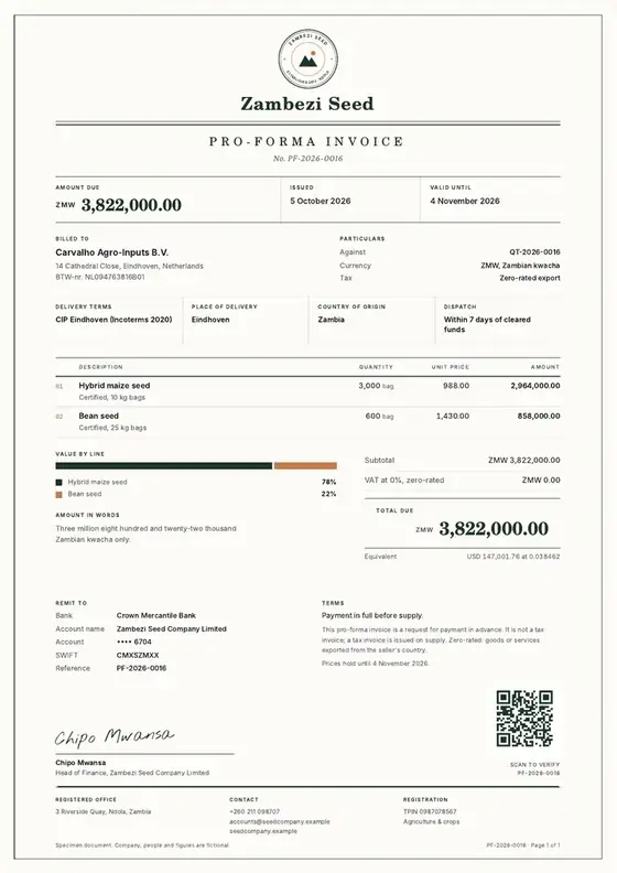 Invoices, Seed production and distribution: finished specimen shown whole