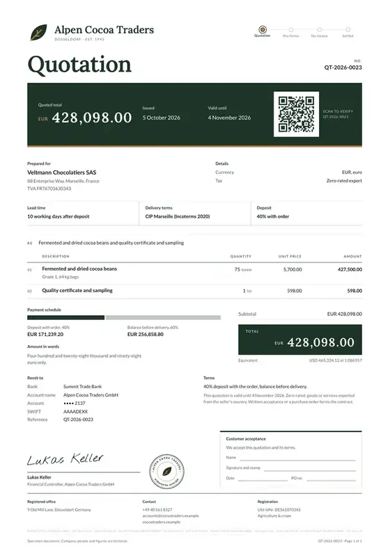 Invoices, Cocoa buying and export: finished specimen shown whole