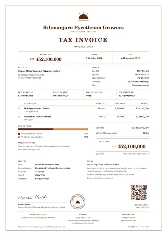Invoices, Pyrethrum growing and processing: finished specimen shown whole
