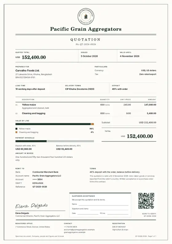 Invoices, Grain storage and aggregation: finished specimen shown whole