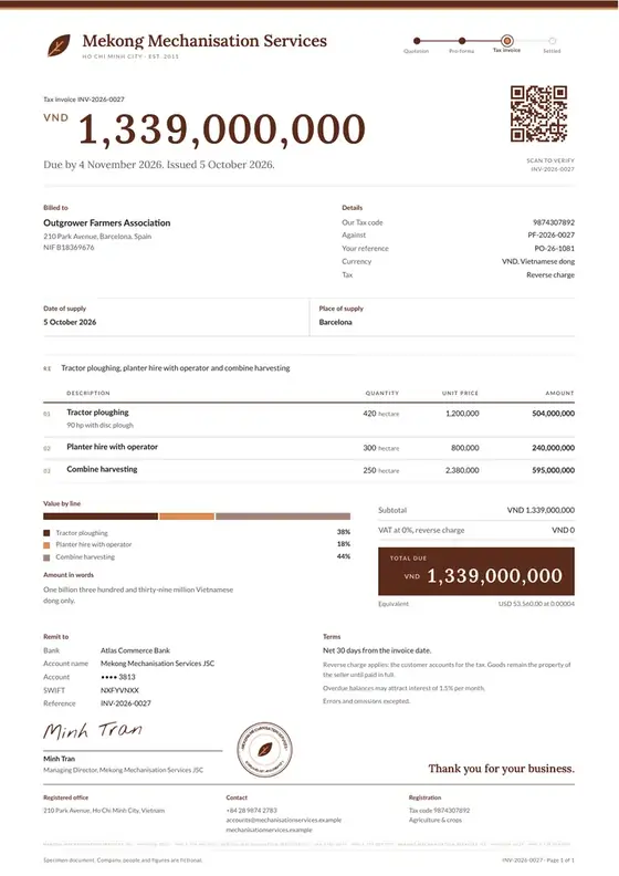 Invoices, Tractor hire and mechanisation services: finished specimen shown whole