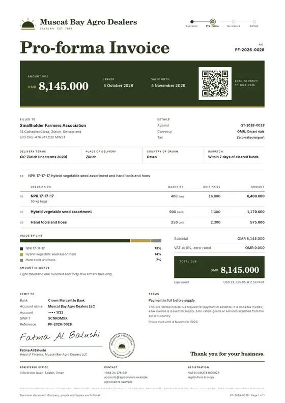 Invoices, Agro-dealer shop: finished specimen shown whole