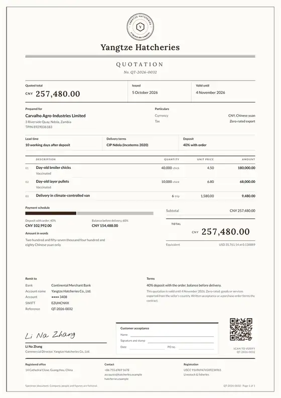 Invoices, Hatchery and day-old chicks supply: finished specimen shown whole