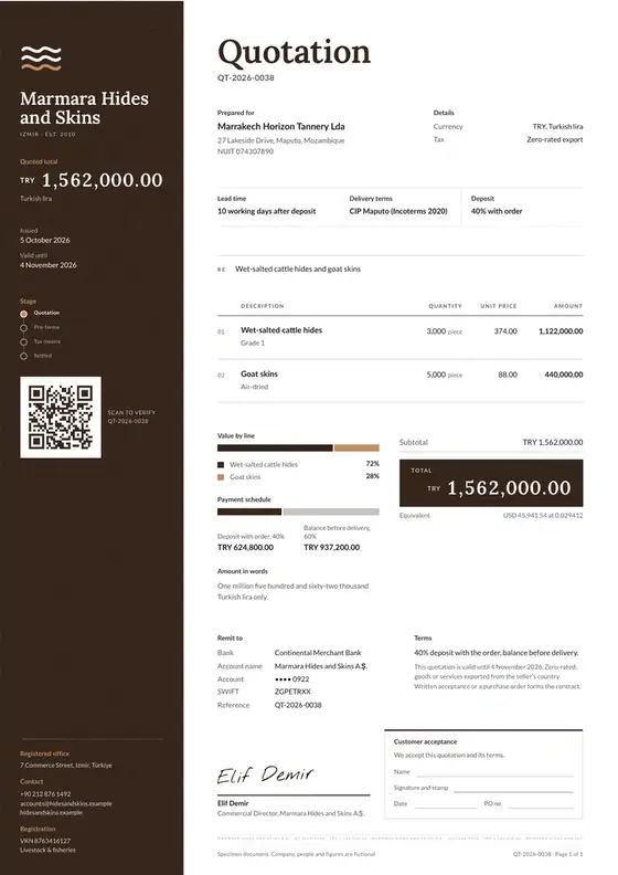 Invoices, Hides and skins trading and export: finished specimen shown whole