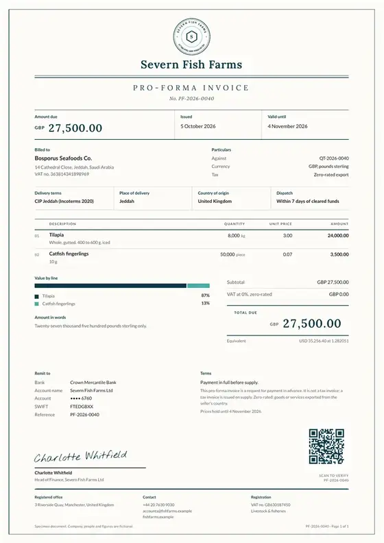 Invoices, Aquaculture: fish farming: finished specimen shown whole