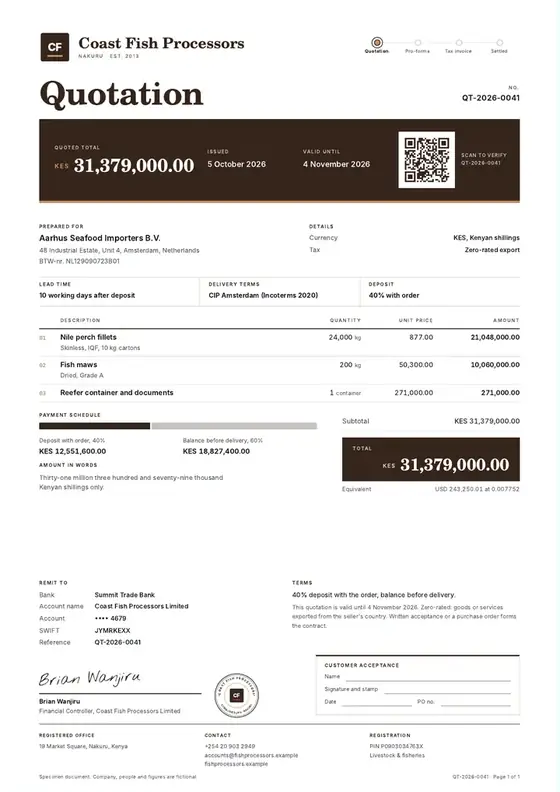 Invoices, Inland fish processing and export: finished specimen shown whole