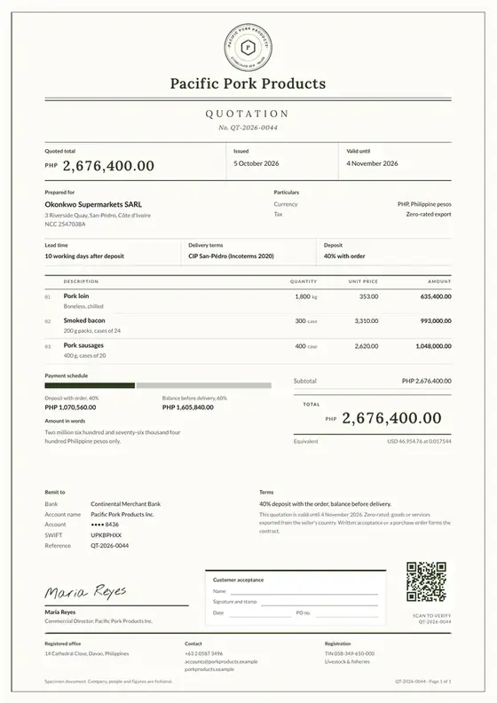 Invoices, Pig farming and pork processing: finished specimen shown whole