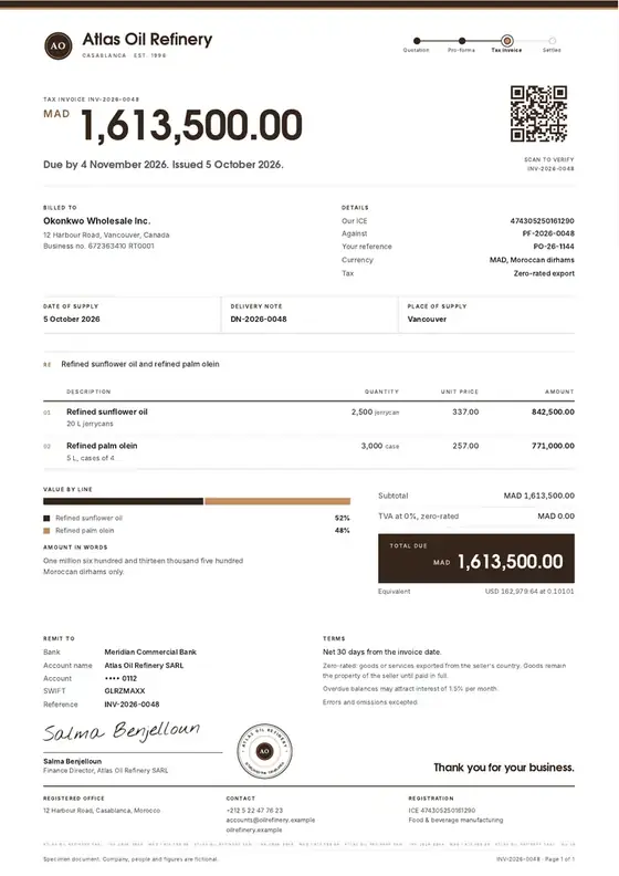 Invoices, Edible oil refining: finished specimen shown whole
