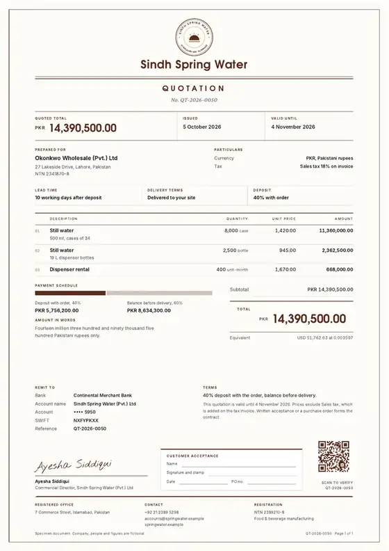 Invoices, Bottled drinking water: finished specimen shown whole