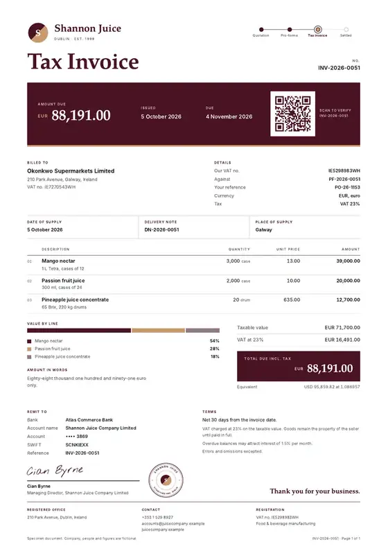 Invoices, Fruit juice manufacturing: finished specimen shown whole