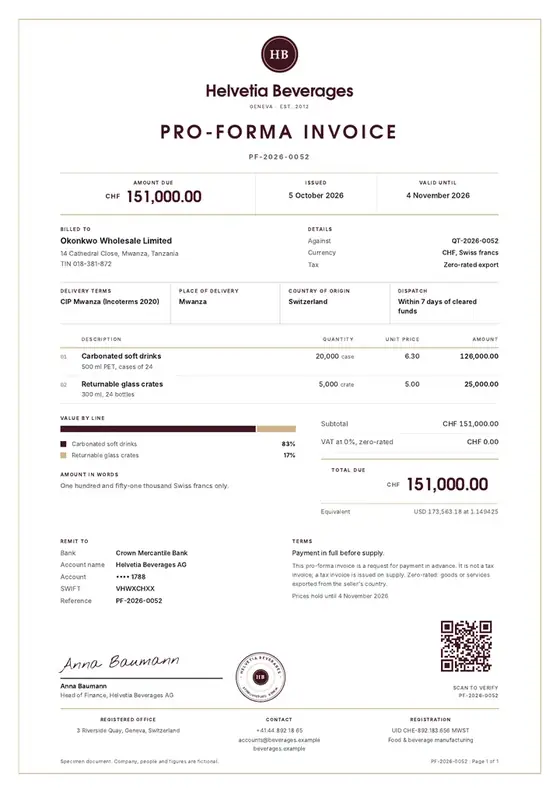 Invoices, Soft drinks bottling: finished specimen shown whole