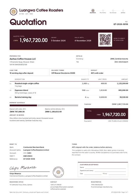 Invoices, Coffee roasting and packaging: finished specimen shown whole