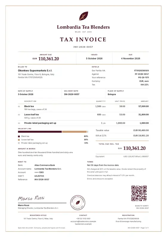 Invoices, Tea blending and packaging: finished specimen shown whole