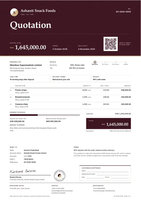 Invoices, Snack foods manufacturing: finished specimen shown whole