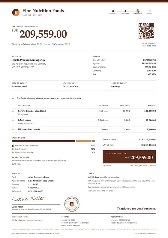 Invoices, Baby food and fortified flour: finished specimen shown whole