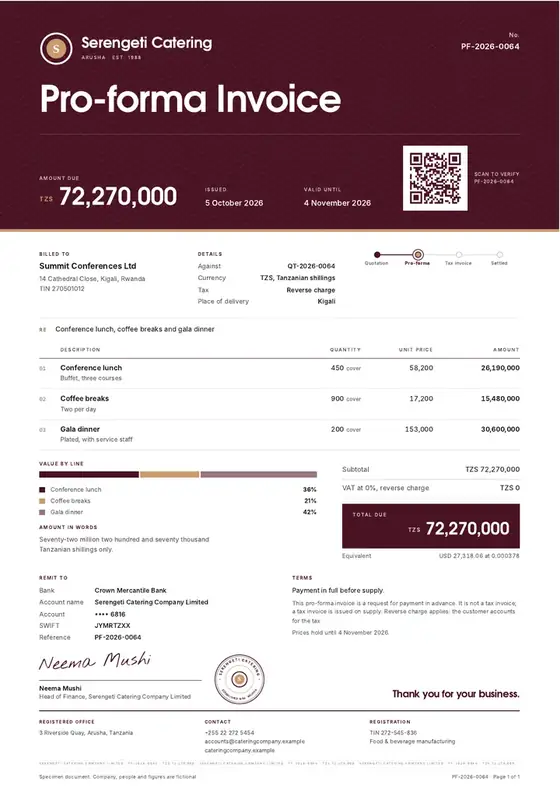 Invoices, Catering and event food services: finished specimen shown whole