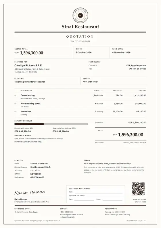 Invoices, Restaurant and cafe: finished specimen shown whole