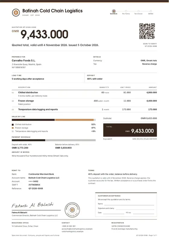 Invoices, Cold chain and food logistics: finished specimen shown whole