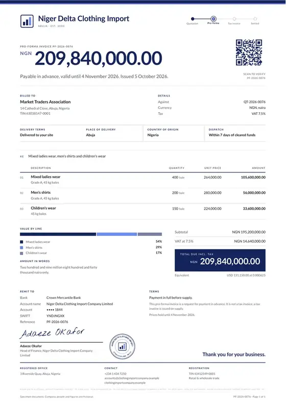 Invoices, Second-hand clothing import: finished specimen shown whole