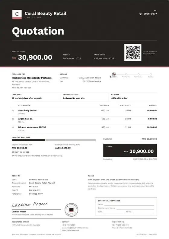 Specimen on a fictional company, shown whole