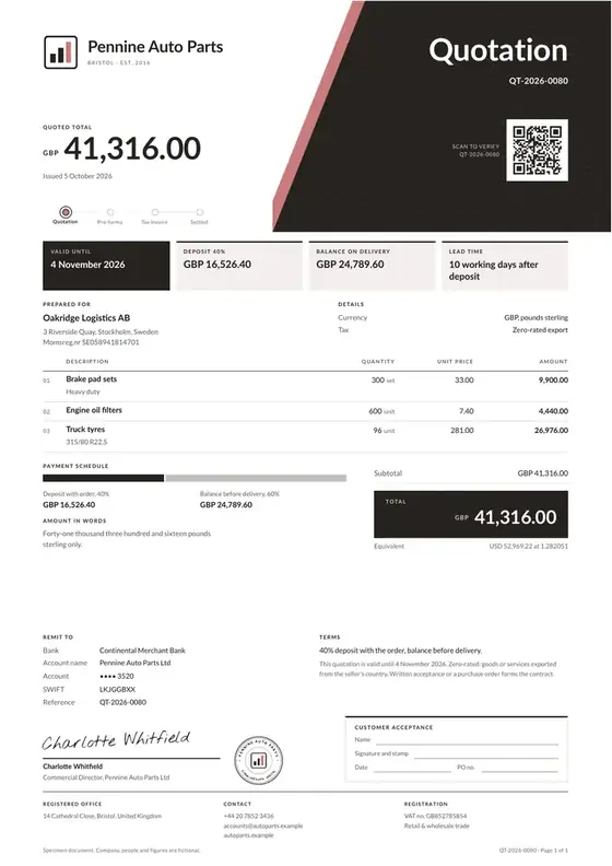 Invoices, Auto spare parts shop: finished specimen shown whole