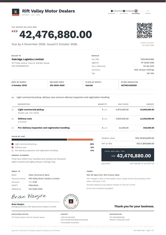 Invoices, Motor vehicle dealership: finished specimen shown whole