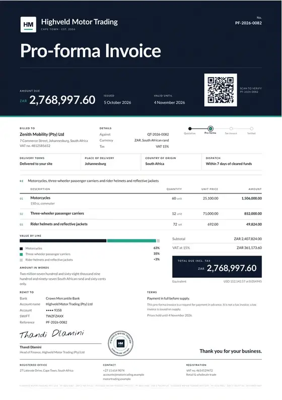 Invoices, Motorcycle and three-wheeler dealership: finished specimen shown whole