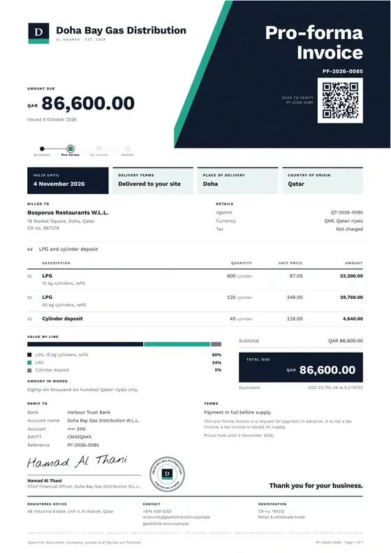 Invoices, LPG cylinder distribution: finished specimen shown whole