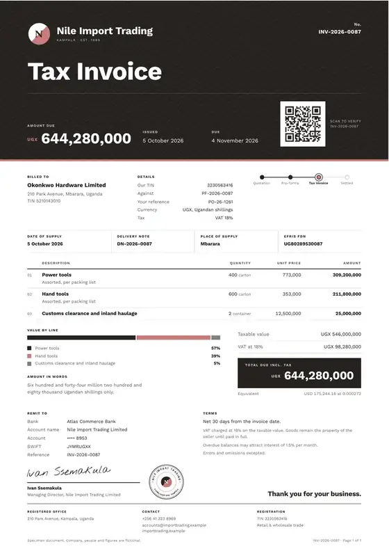 Invoices, Import trading company: finished specimen shown whole