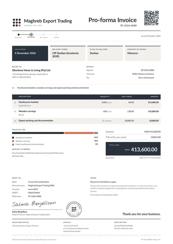 Invoices, Export trading company: finished specimen shown whole