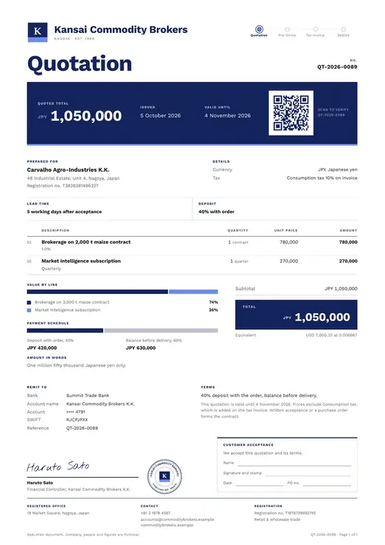 Invoices, Commodity brokerage: finished specimen shown whole