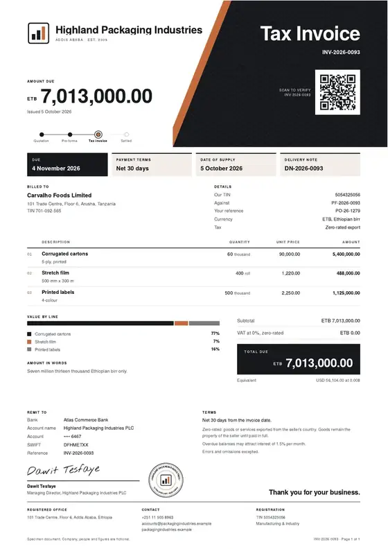 Invoices, Packaging materials manufacturing: finished specimen shown whole