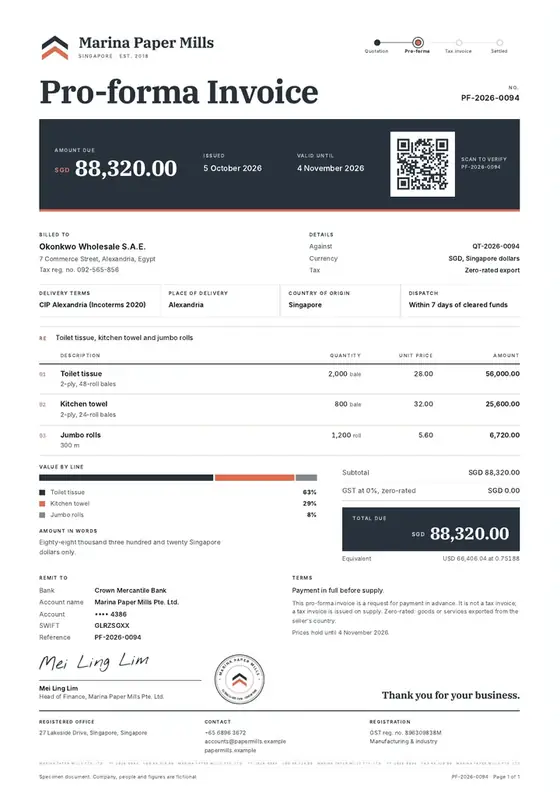 Invoices, Paper and tissue manufacturing: finished specimen shown whole