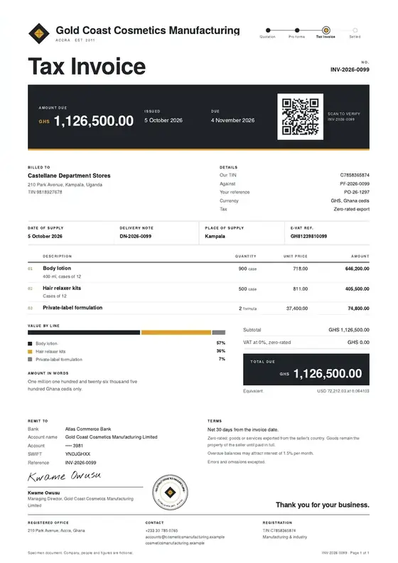 Invoices, Cosmetics manufacturing: finished specimen shown whole
