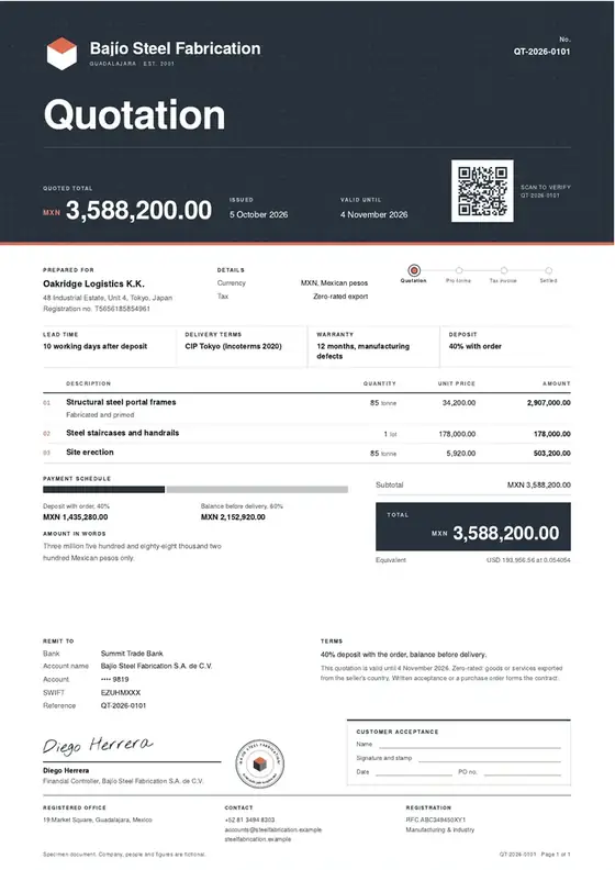 Invoices, Steel fabrication and welding: finished specimen shown whole