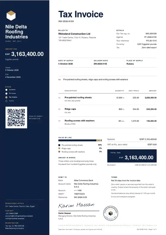 Invoices, Roofing sheets manufacturing: finished specimen shown whole